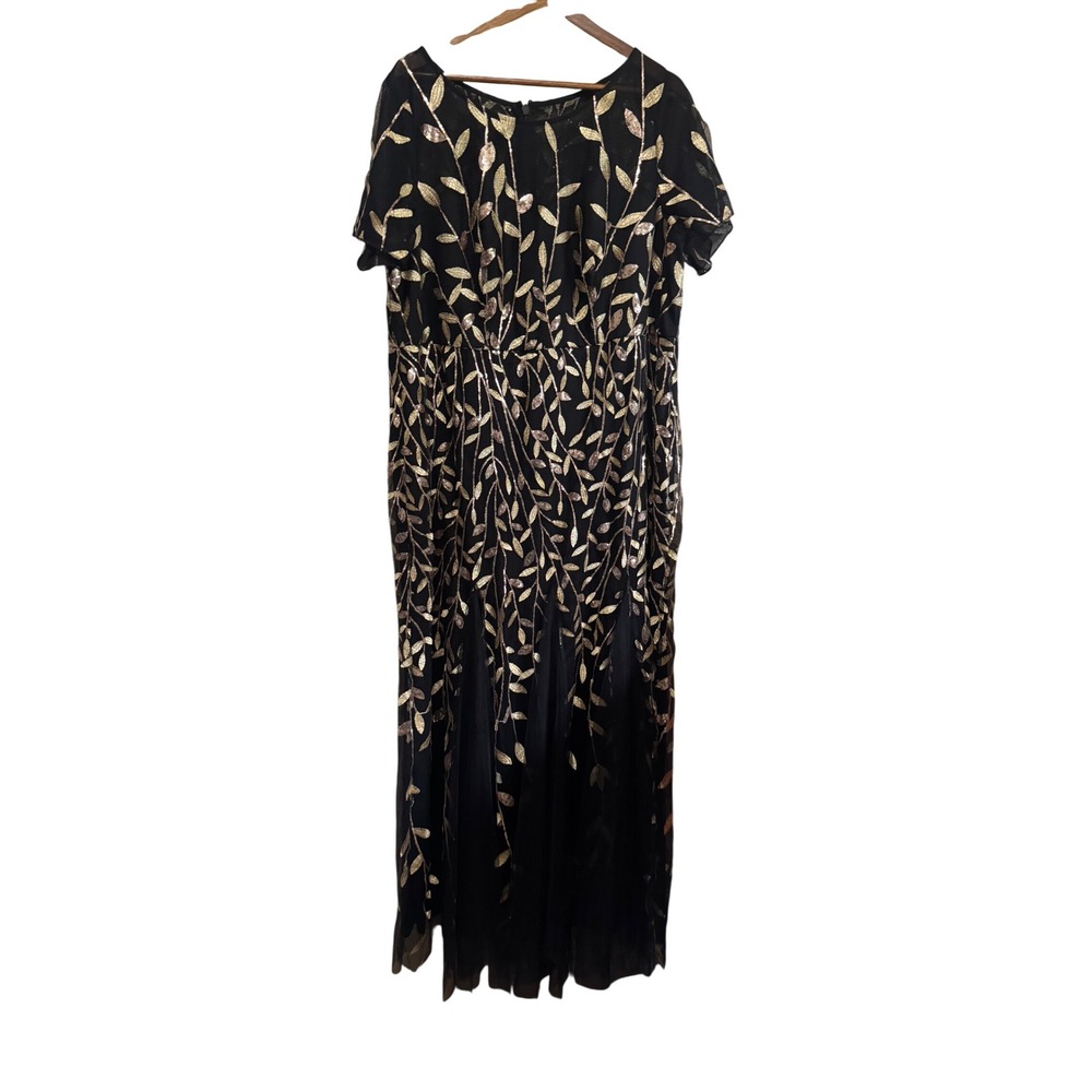 Ever-Pretty Sequin Leaf Maxi Dress Womens Size Large Black Gold Formal‎ Gown 3XL